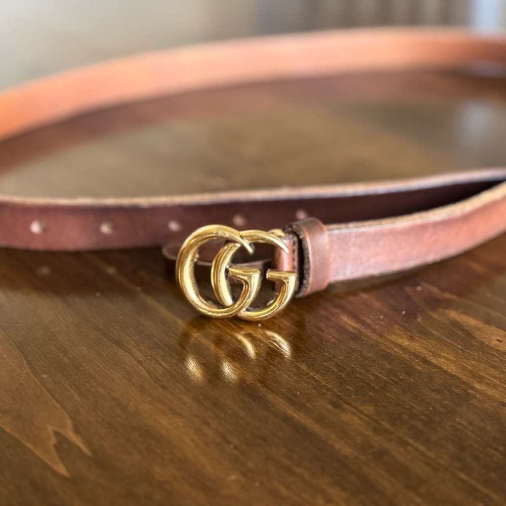 Gucci Tan Leather Belt with Double G Gold Buckle (Used/Excellent Condition)